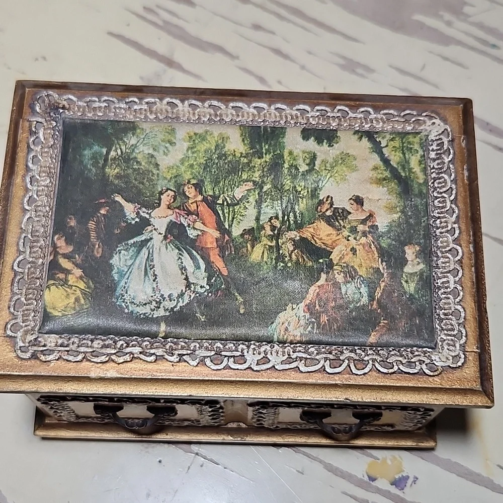 VINTAGE Wood Wind Up Music Jewelry Box Silky Print Antoine Watteau Foote…